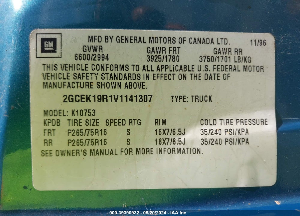 1997 CHEVROLET K1500 FLEETSIDE VIN: 2GCEK19R1V1141307