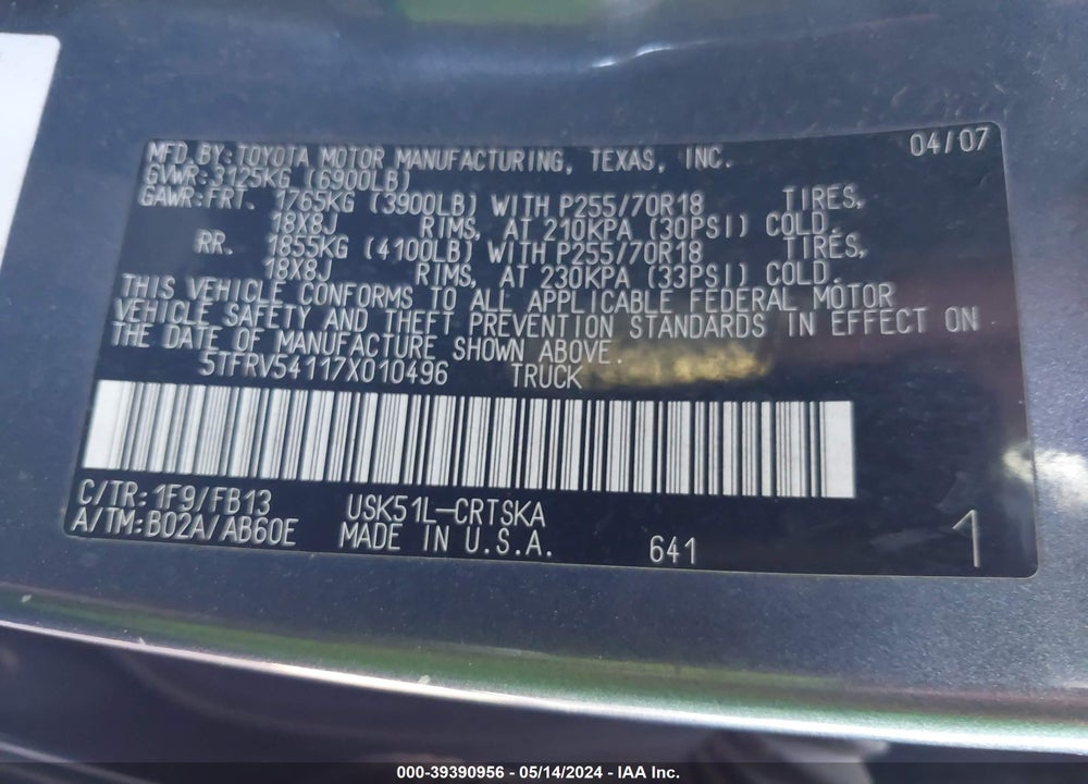 2007 TOYOTA TUNDRA SR5 V8 VIN: 5TFRV54117X010496