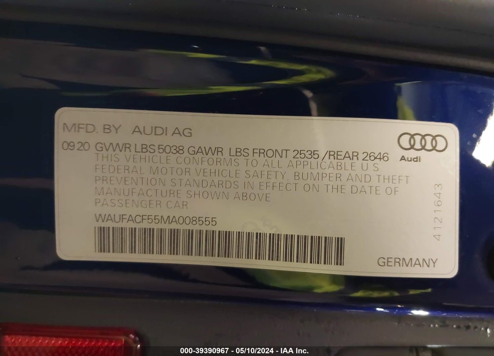 2021 AUDI A5 SPORTBACK PREMIUM PLUS 45 TFSI QUATTRO S TRONIC VIN: WAUFACF55MA008555