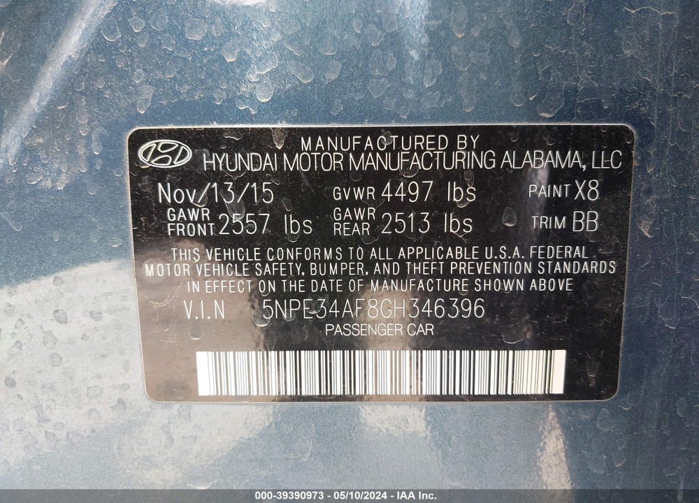 2016 HYUNDAI SONATA SPORT VIN: 5NPE34AF8GH346396