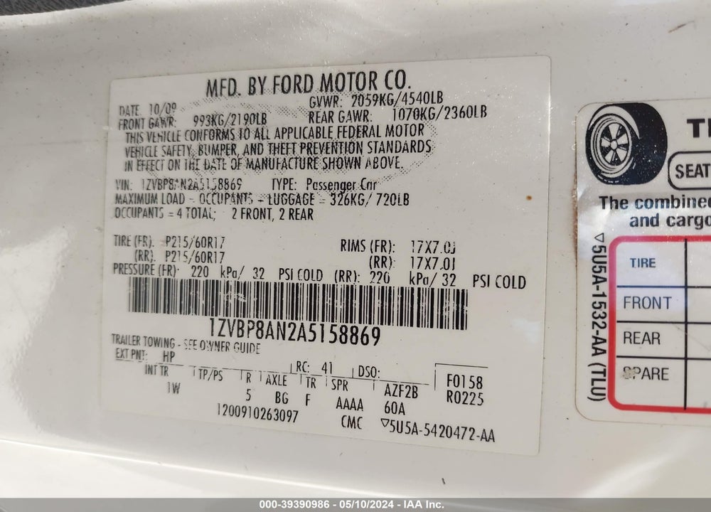 2010 FORD MUSTANG V6/V6 PREMIUM VIN: 1ZVBP8AN2A5158869