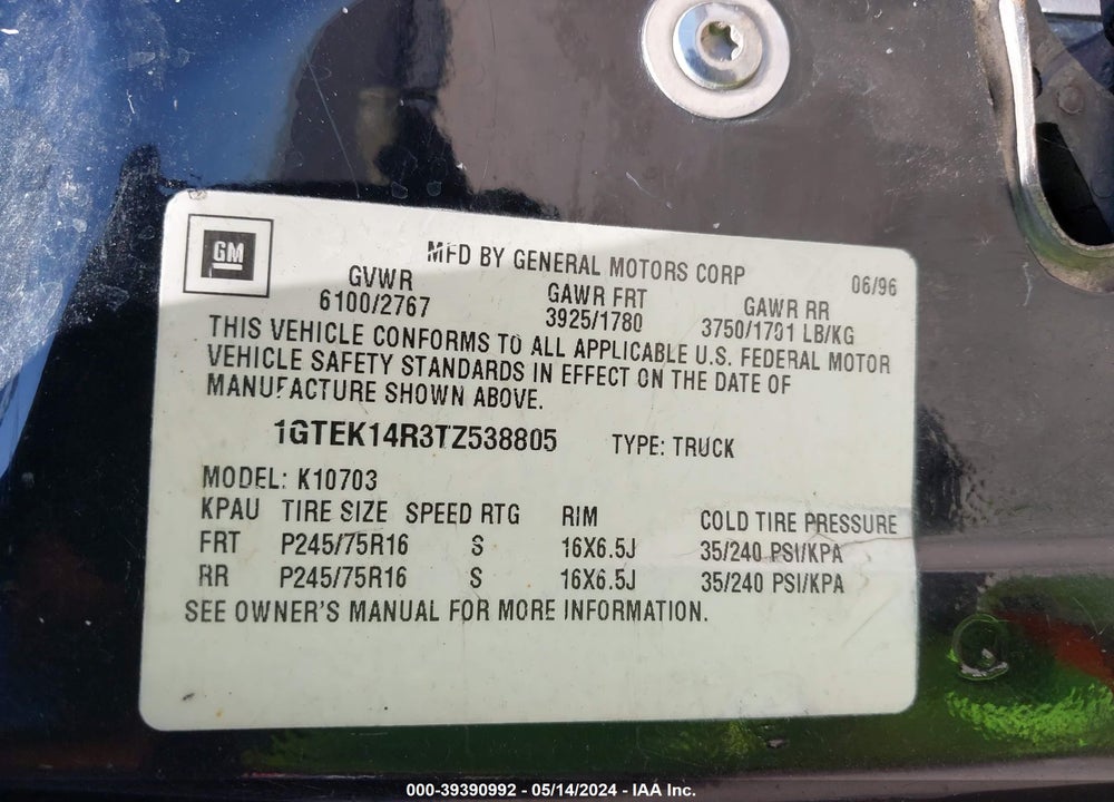 1996 GMC SIERRA K1500 VIN: 1GTEK14R3TZ538805