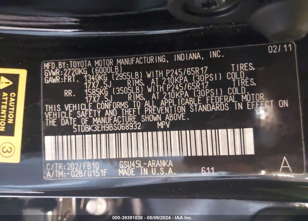 2011 TOYOTA HIGHLANDER BASE V6 VIN: 5TDBK3EH9BS068932