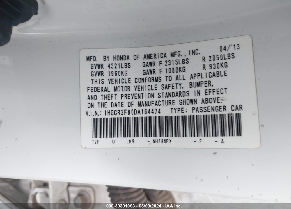 2013 HONDA ACCORD EX-L VIN: 1HGCR2F80DA164474