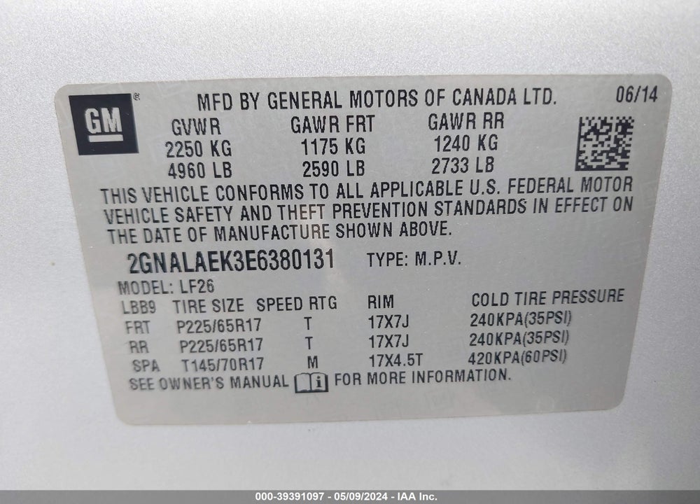 2014 CHEVROLET EQUINOX LS VIN: 2GNALAEK3E6380131