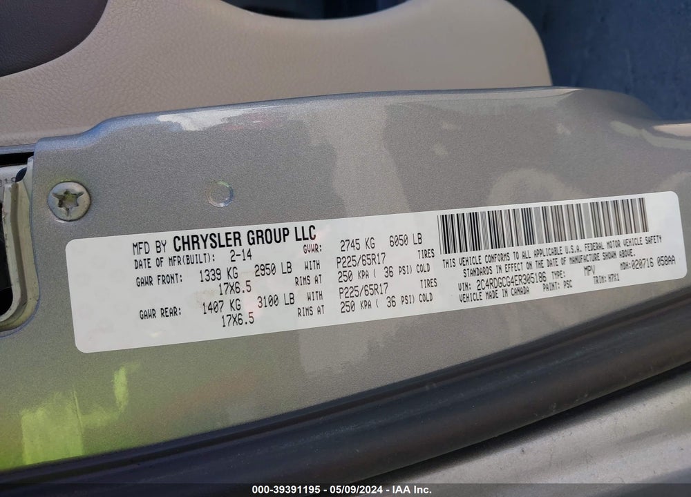 2014 DODGE GRAND CARAVAN SXT VIN: 2C4RDGCG4ER305186