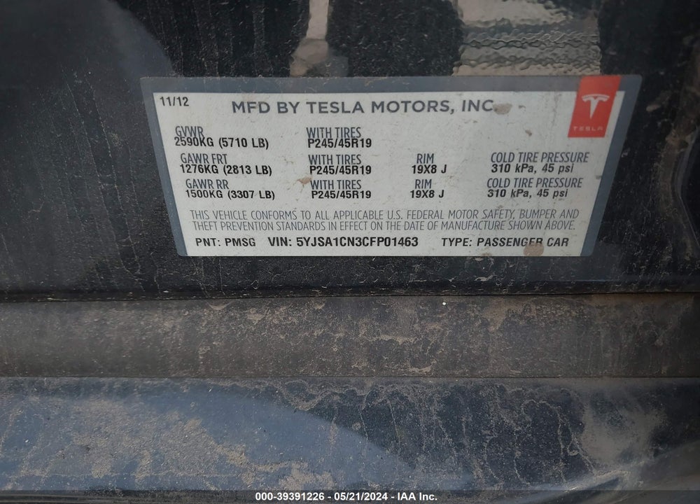 2012 TESLA MODEL S SIGNATURE VIN: 5YJSA1CN3CFP01463