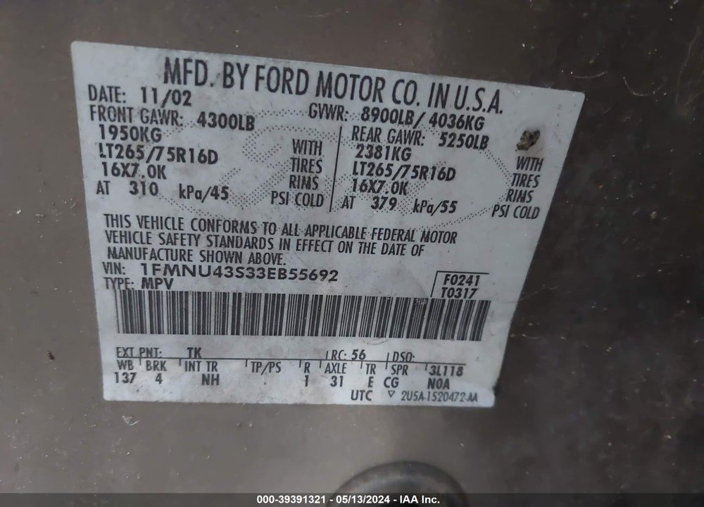 2003 FORD EXCURSION LIMITED VIN: 1FMNU43S33EB55692