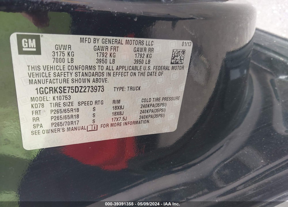 2013 CHEVROLET SILVERADO 1500 LT VIN: 1GCRKSE75DZ273973