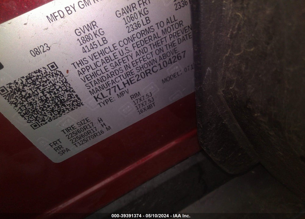 2024 CHEVROLET TRAX FWD LT VIN: KL77LHE20RC104267