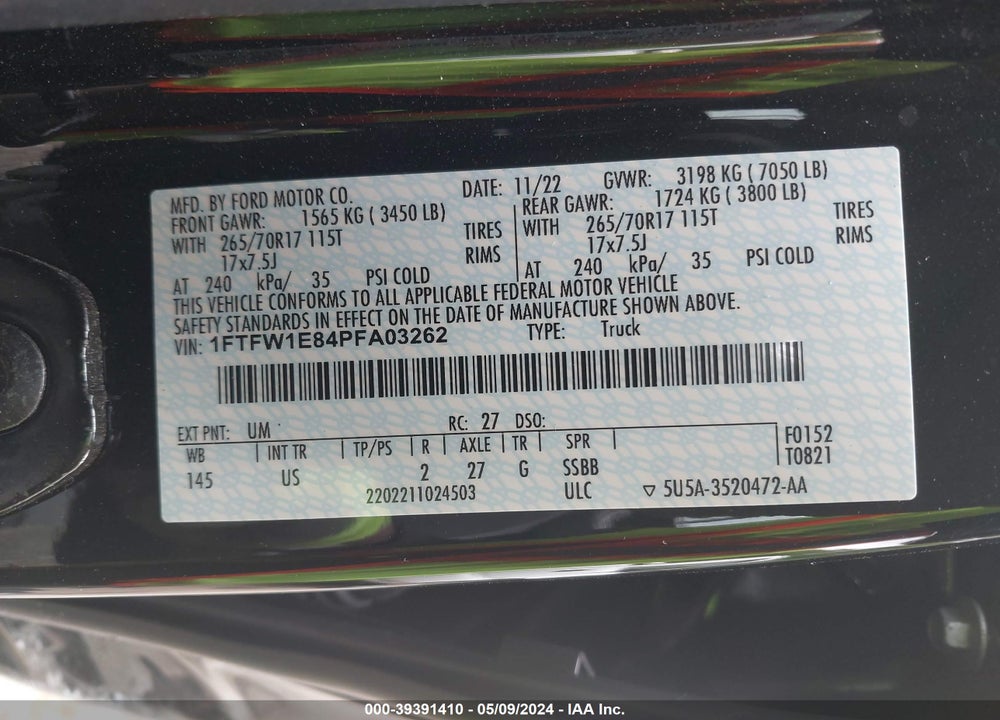 2023 FORD F-150 XLT VIN: 1FTFW1E84PFA03262