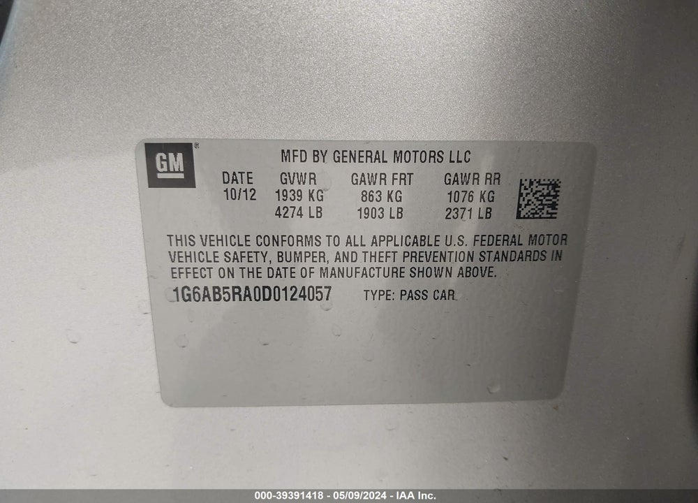 2013 CADILLAC ATS LUXURY VIN: 1G6AB5RA0D0124057