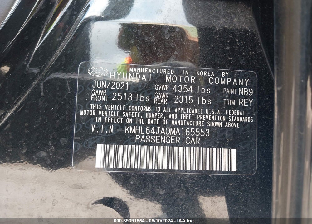 2021 HYUNDAI SONATA VIN: KMHL64JA0MA165553