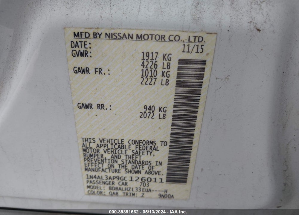 2016 NISSAN ALTIMA 2.5 SR VIN: 1N4AL3AP9GC126011