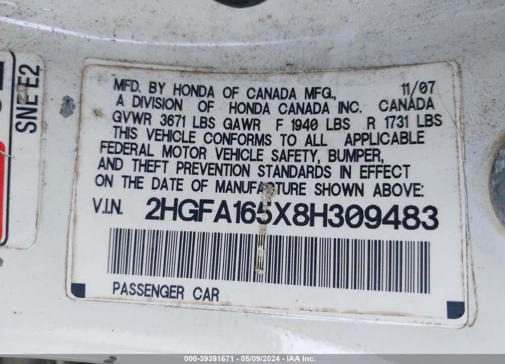 2008 HONDA CIVIC LX VIN: 2HGFA165X8H309483