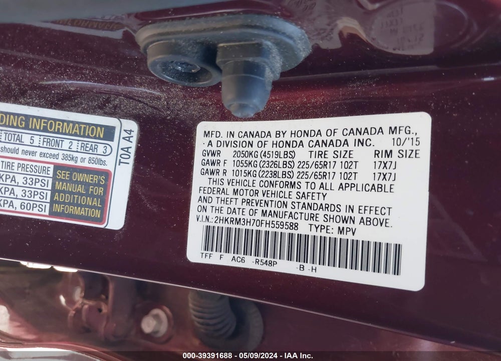 2015 HONDA CR-V EX-L VIN: 2HKRM3H70FH559588