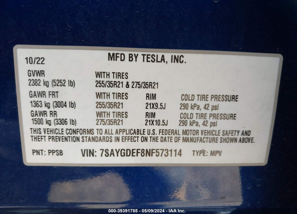 2022 TESLA MODEL Y PERFORMANCE DUAL MOTOR ALL-WHEEL DRIVE VIN: 7SAYGDEF8NF573114