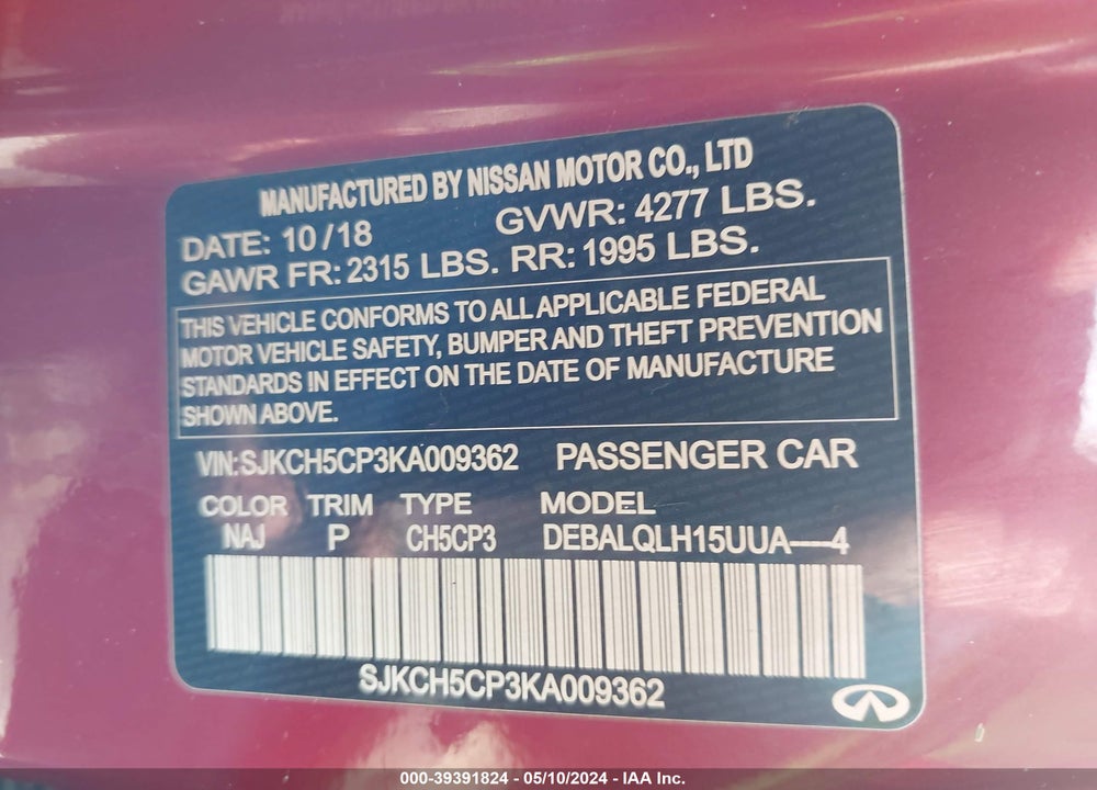 2019 INFINITI QX30 LUXE VIN: SJKCH5CP3KA009362
