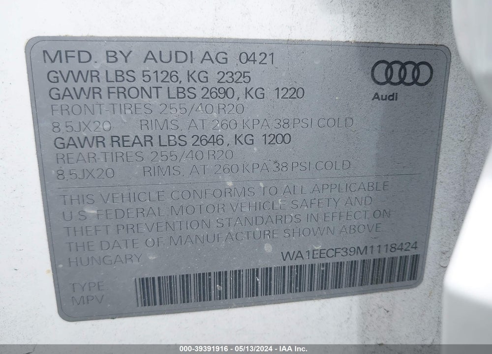 2021 AUDI Q3 PREMIUM PLUS 45 TFSI S LINE QUATTRO TIPTRONIC VIN: WA1EECF39M1118424
