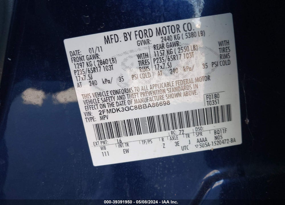 2011 FORD EDGE SE VIN: 2FMDK3GC8BBA86698