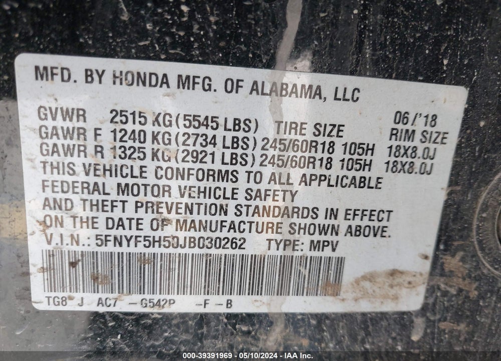 2018 HONDA PILOT EX-L VIN: 5FNYF5H50JB030262