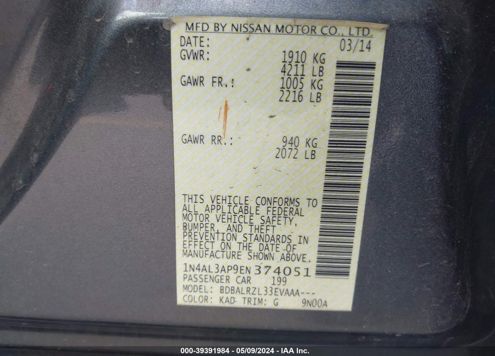 2014 NISSAN ALTIMA 2.5/2.5 S/2.5 SL/2.5 SV VIN: 1N4AL3AP9EN374051