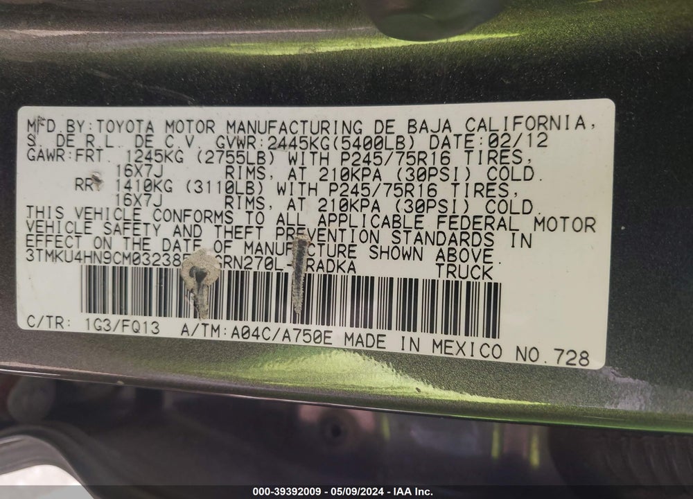 2012 TOYOTA TACOMA PRERUNNER V6 VIN: 3TMKU4HN9CM032385