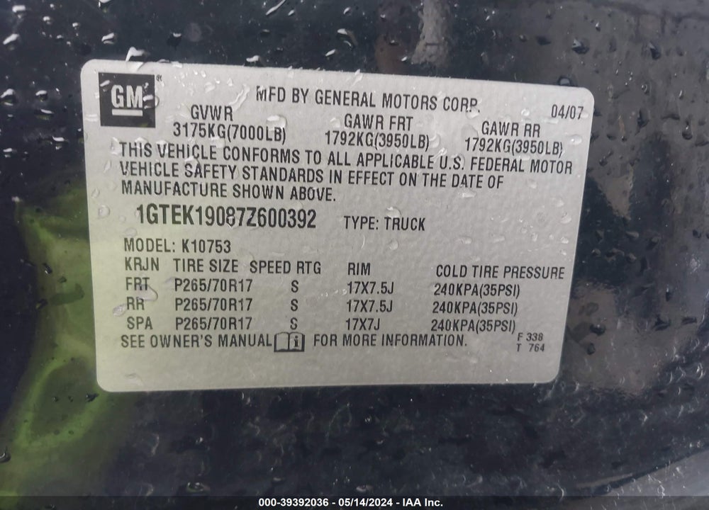 2007 GMC SIERRA 1500 SLE2 VIN: 1GTEK19087Z600392