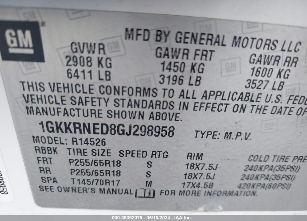 2016 GMC ACADIA SLE-1 VIN: 1GKKRNED8GJ298958