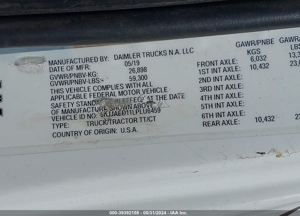 2020 WESTERN STAR 4900 EX VIN: 5KJJAED11LPLU6459