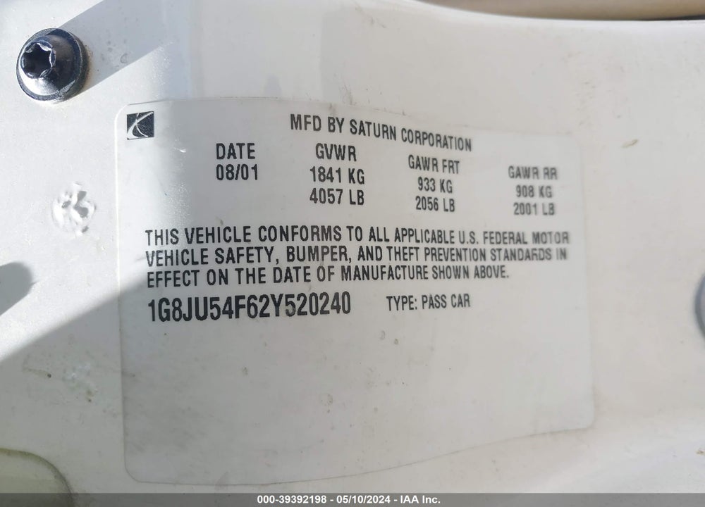2002 SATURN L-SERIES L200 VIN: 1G8JU54F62Y520240