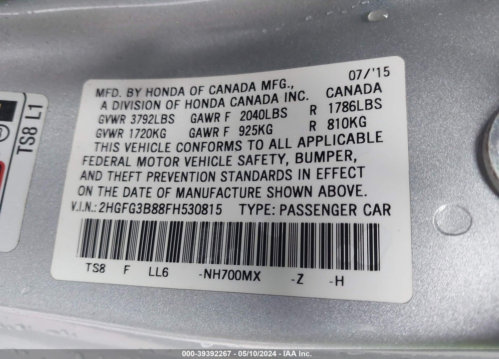 2015 HONDA CIVIC EX VIN: 2HGFG3B88FH530815