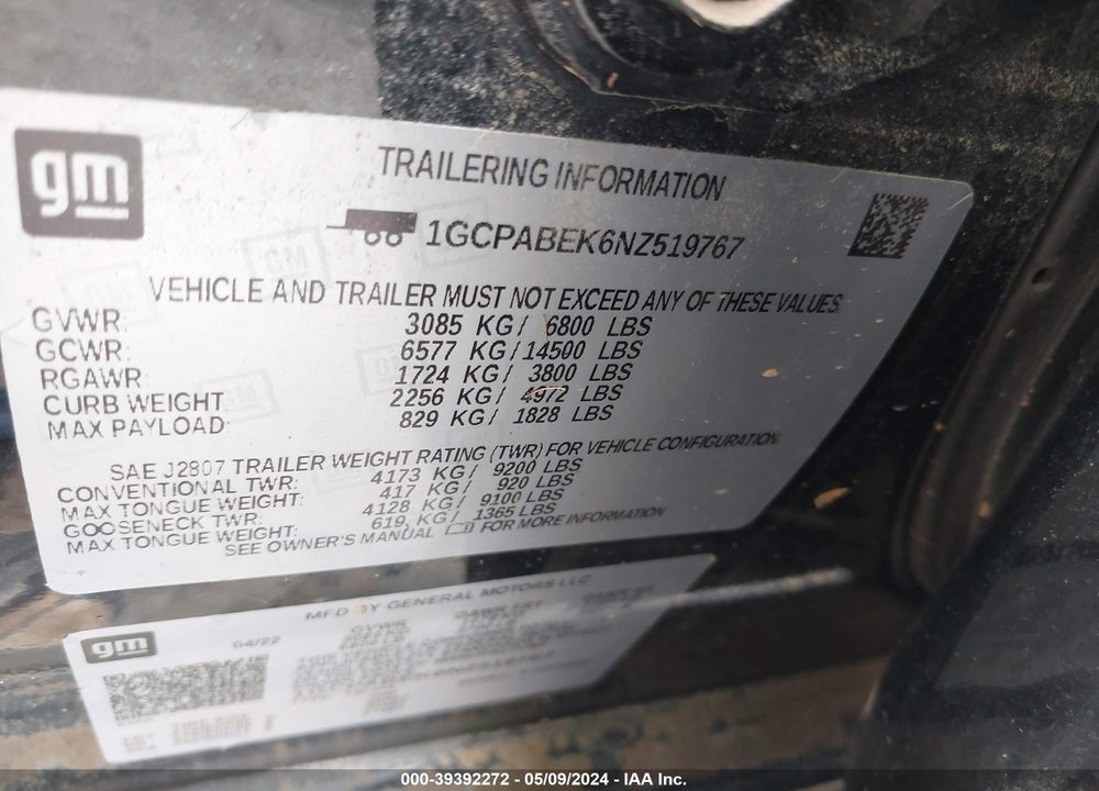 2022 CHEVROLET SILVERADO 1500 2WD SHORT BED CUSTOM VIN: 1GCPABEK6NZ519767