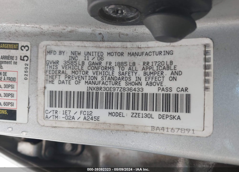 2007 TOYOTA COROLLA CE/LE/S VIN: 1NXBR30E97Z836433