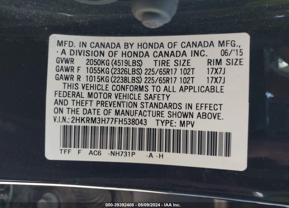 2015 HONDA CR-V EX-L VIN: 2HKRM3H77FH538043