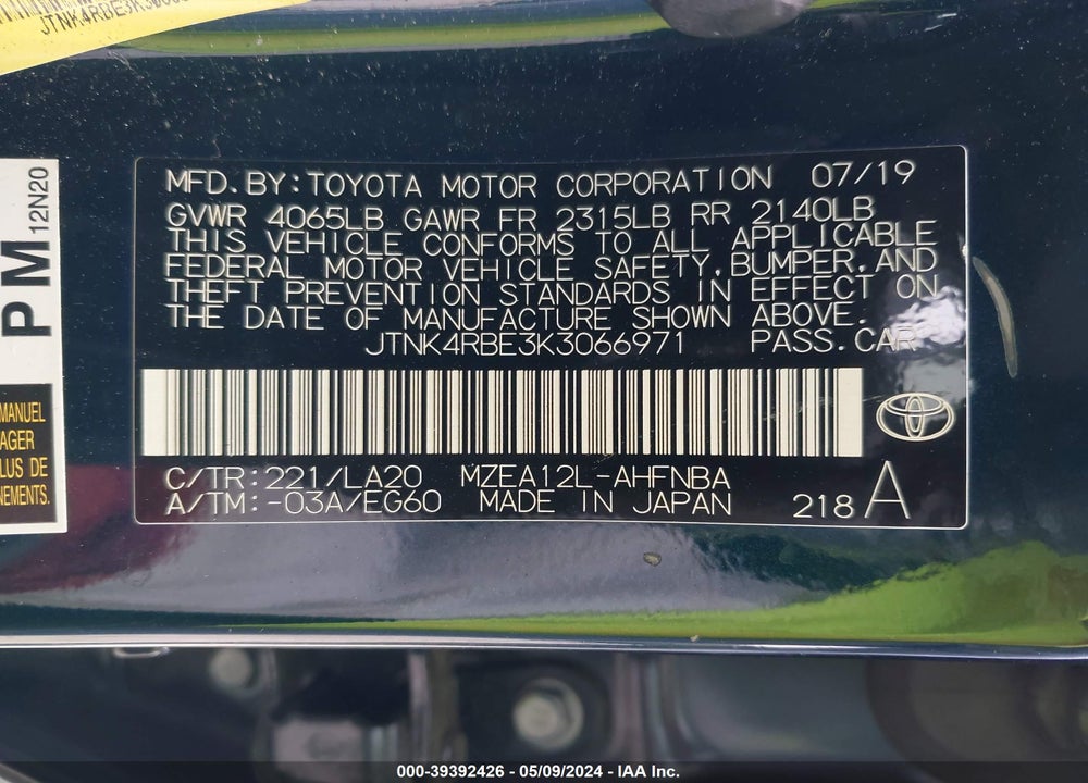 2019 TOYOTA COROLLA XSE VIN: JTNK4RBE3K3066971