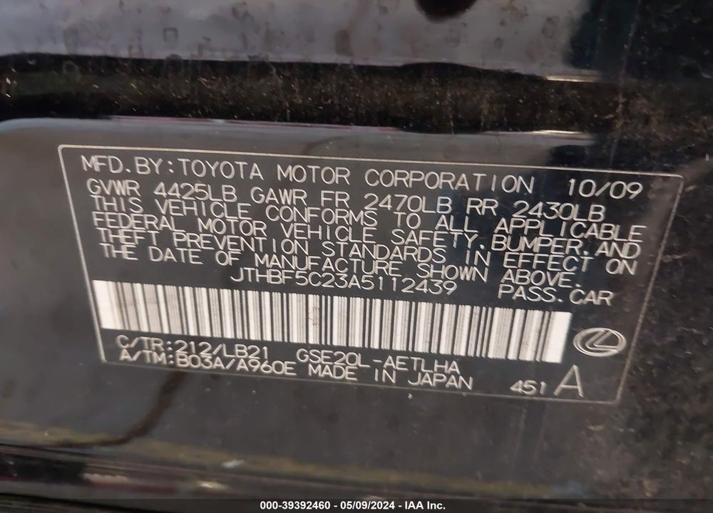 2010 LEXUS IS 250 VIN: JTHBF5C23A5112439