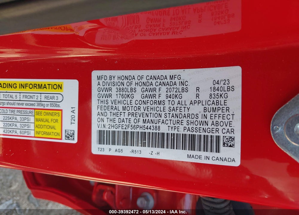 2023 HONDA CIVIC SPORT VIN: 2HGFE2F56PH544388