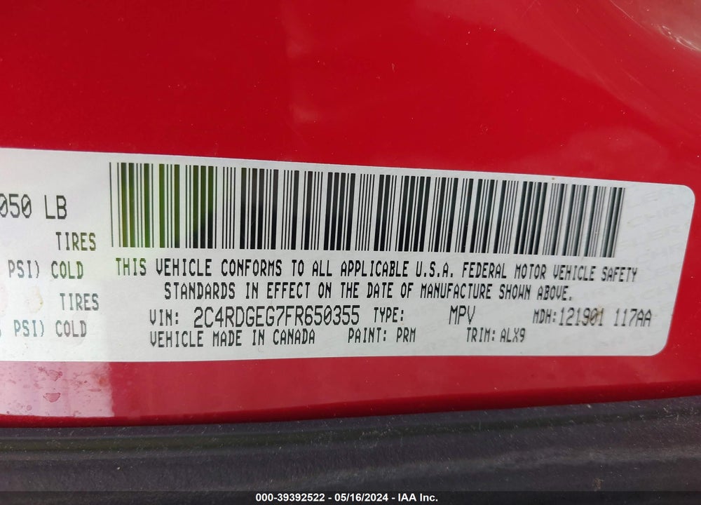 2015 DODGE GRAND CARAVAN R/T VIN: 2C4RDGEG7FR650355
