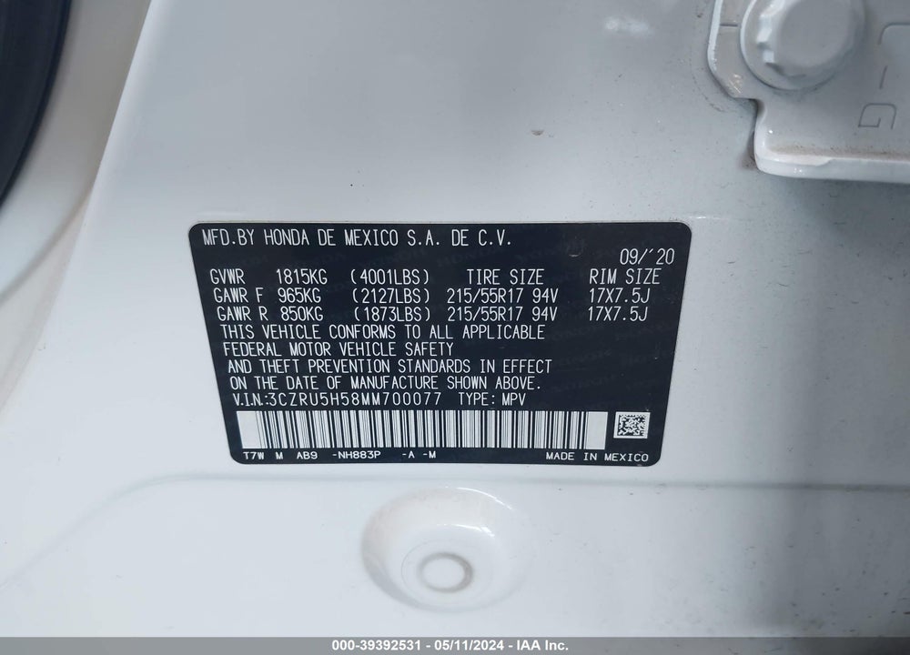 2021 HONDA HR-V 2WD EX VIN: 3CZRU5H58MM700077