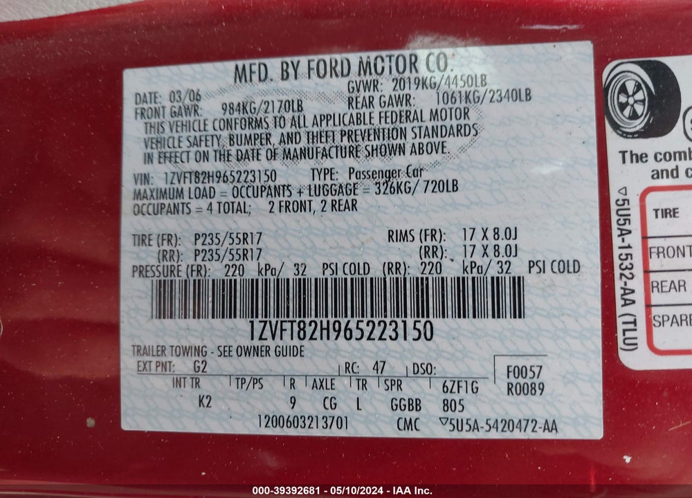 2006 FORD MUSTANG GT VIN: 1ZVFT82H965223150
