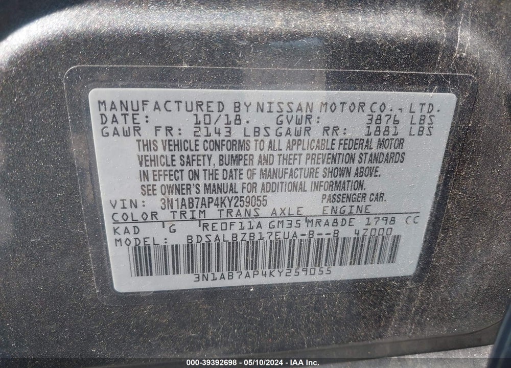 2019 NISSAN SENTRA S VIN: 3N1AB7AP4KY259055