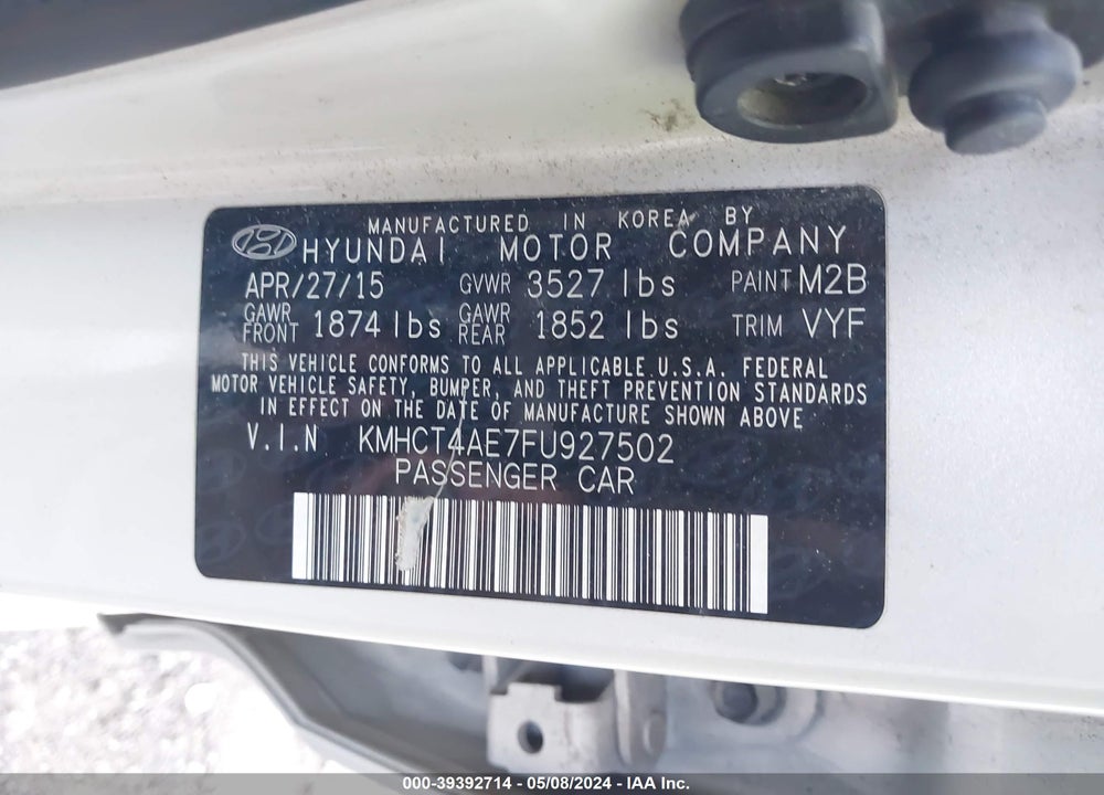 2015 HYUNDAI ACCENT VIN: KMHCT4AE7FU927502