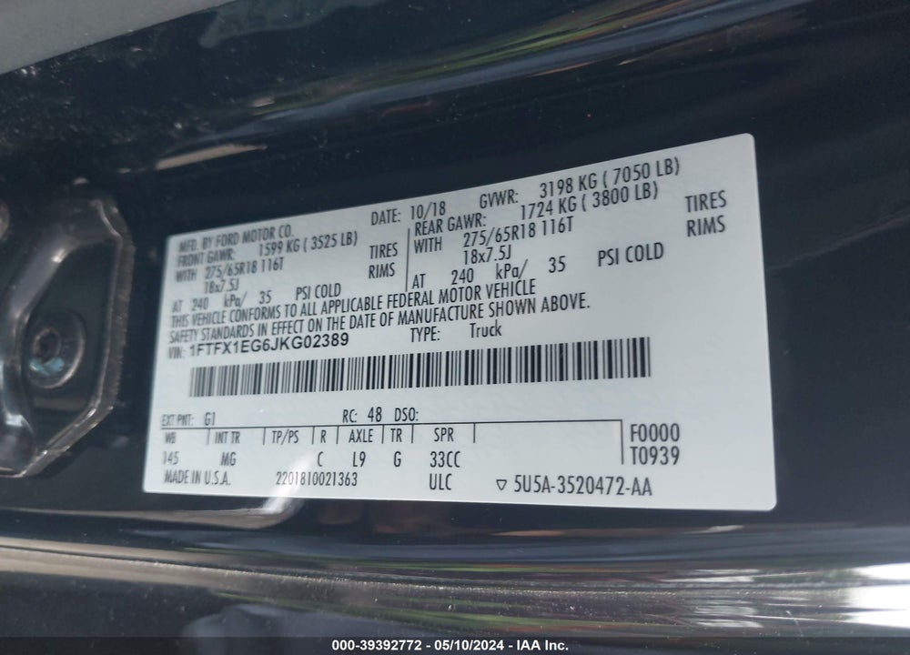 2018 FORD F-150 XLT VIN: 1FTFX1EG6JKG02389