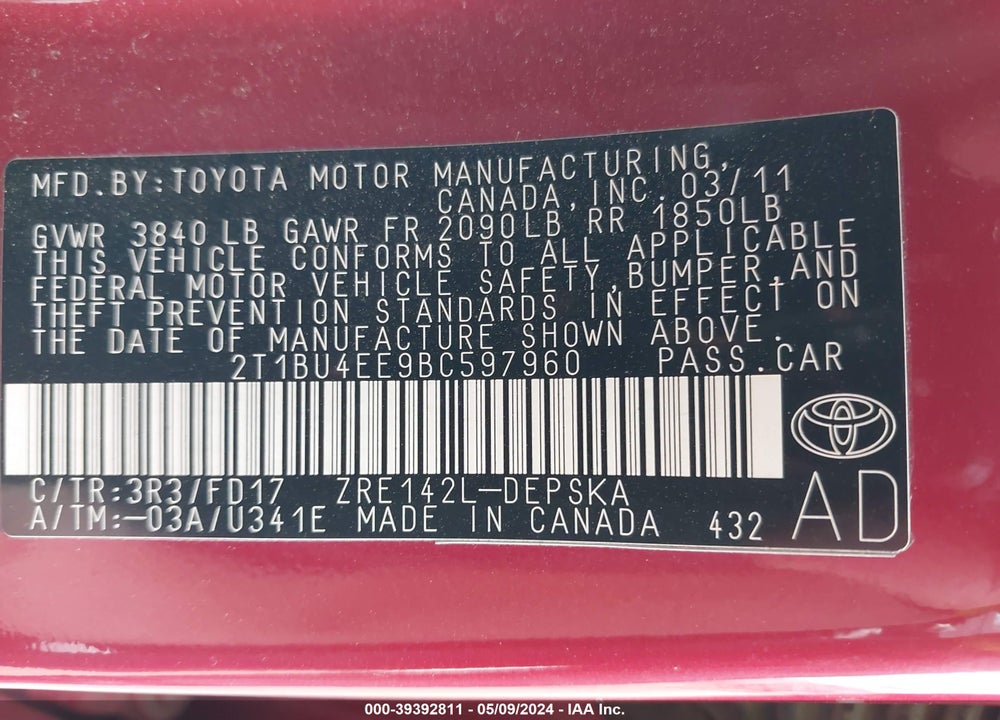 2011 TOYOTA COROLLA S VIN: 2T1BU4EE9BC597960