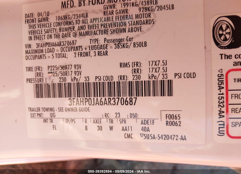2010 FORD FUSION SEL VIN: 3FAHP0JA6AR370687
