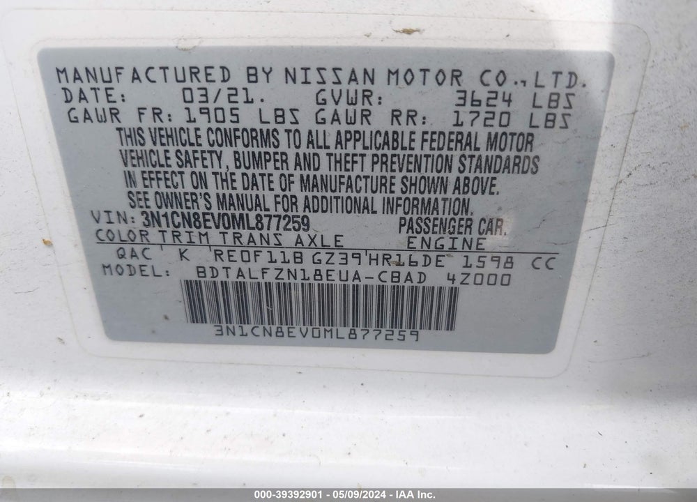 2021 NISSAN VERSA SV XTRONIC CVT VIN: 3N1CN8EV0ML877259