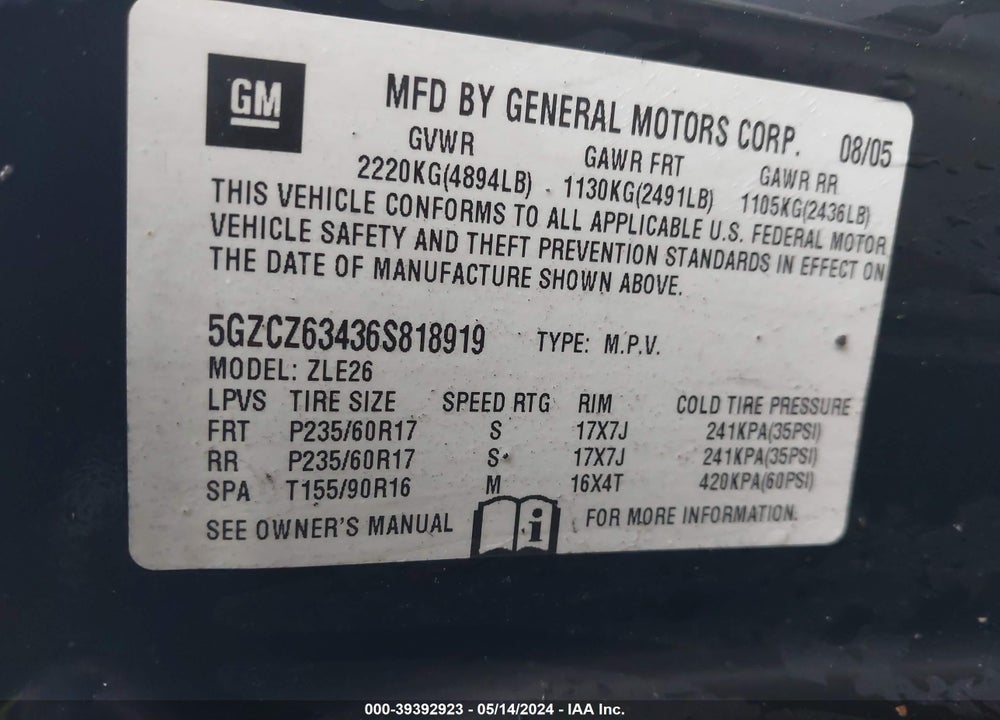 2006 SATURN VUE V6 VIN: 5GZCZ63436S818919