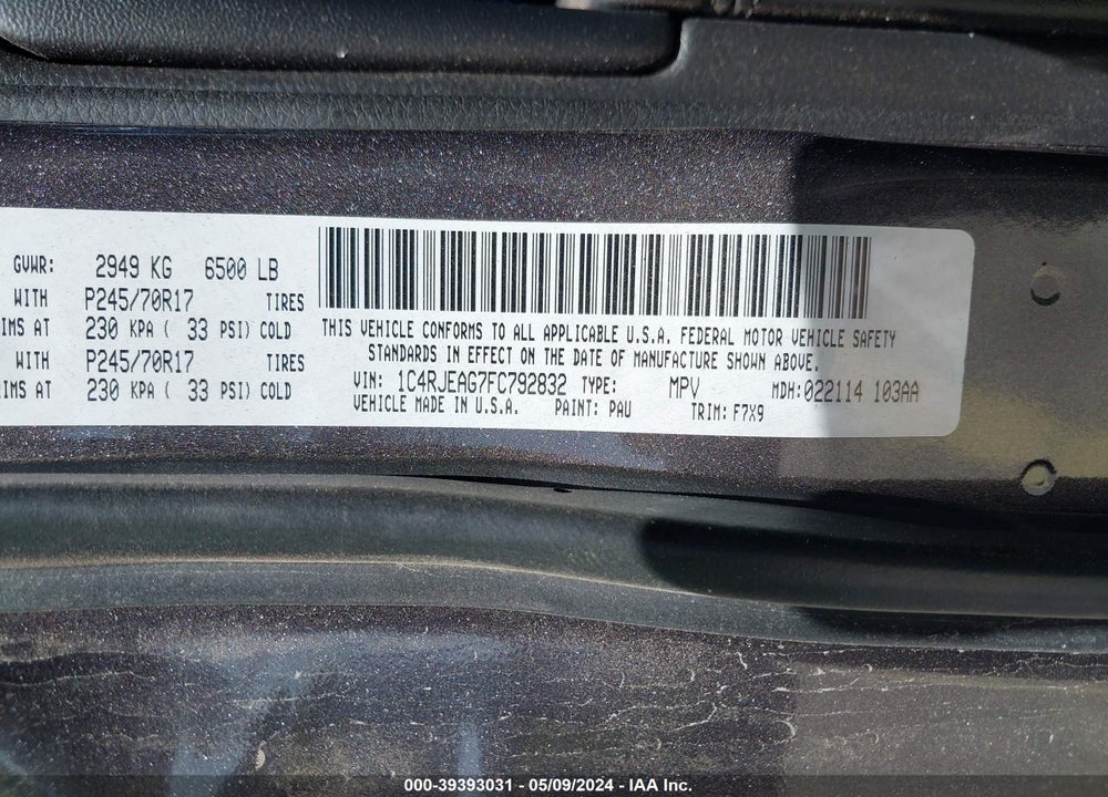 2015 JEEP GRAND CHEROKEE VIN: 1C4RJEAG7FC792832