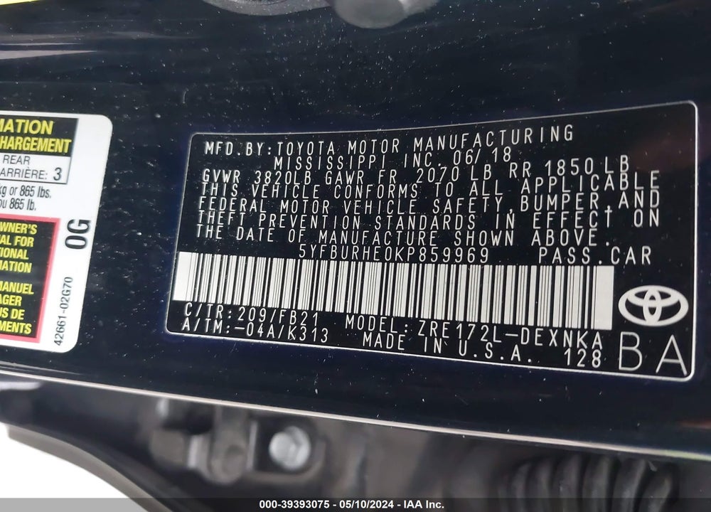 2019 TOYOTA COROLLA LE VIN: 5YFBURHE0KP859969